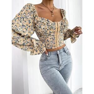 Shein Floral Puff Sleeve Crop Top with Ruffle Cuffs Size XS
